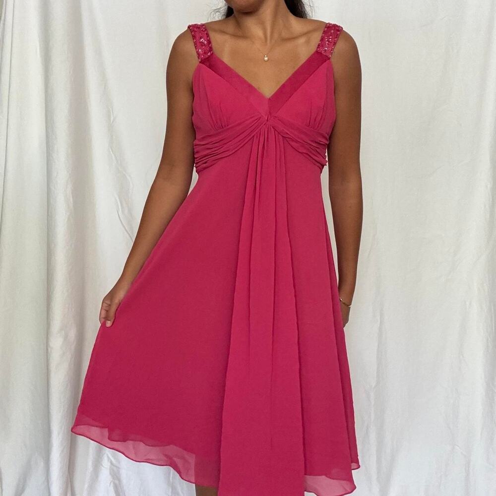 David's Bridal 2000s Hot Pink Mini Dress Flowy V neck Beaded Straps Cocktail 10